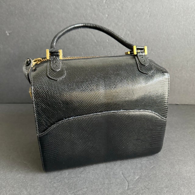 Vintage Finesse La Model Lizard Print Leather Box Bag Retro Top Handle Purse 50s 60s For Sale - Image 4 of 12