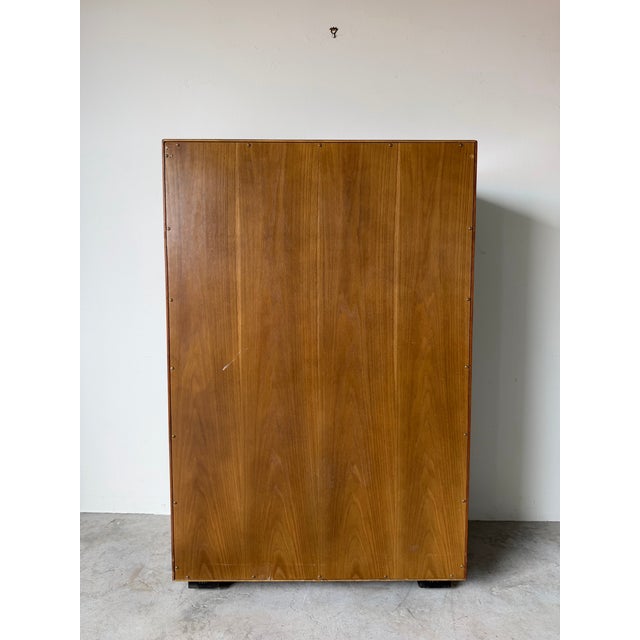 1970’s Vintage John Widdicomb Campaign Burled Wood Highboy Dresser on Casters With Recessed Brass Hardware For Sale - Image 9 of 13