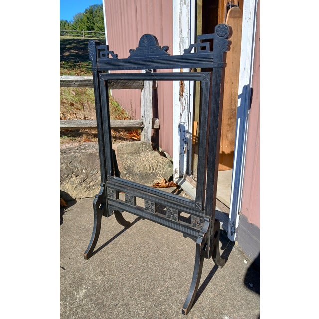 Antique Victorian Fireplace Screen Stand 1860s Original Black Lacquer For Sale - Image 4 of 12