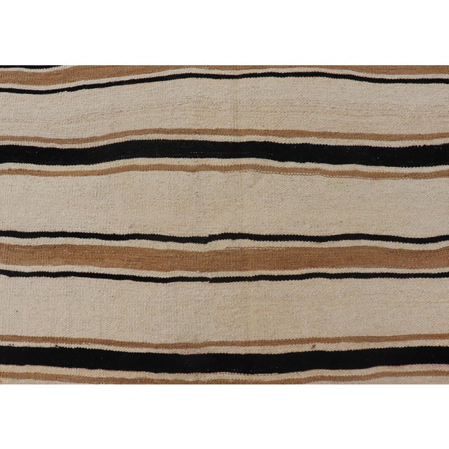 Vintage Turkish Kilim Rug With Ivory, Brown and Deep Charcoal Stripes For Sale - Image 9 of 11