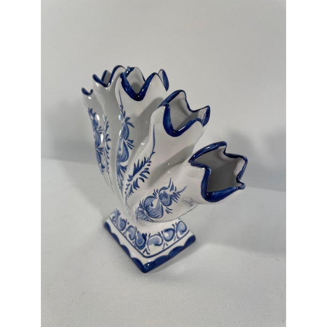 Late 20th Century Vintage Blue and White Ceramic Five Finger Tulip Vase, Tulipiere For Sale - Image 5 of 14