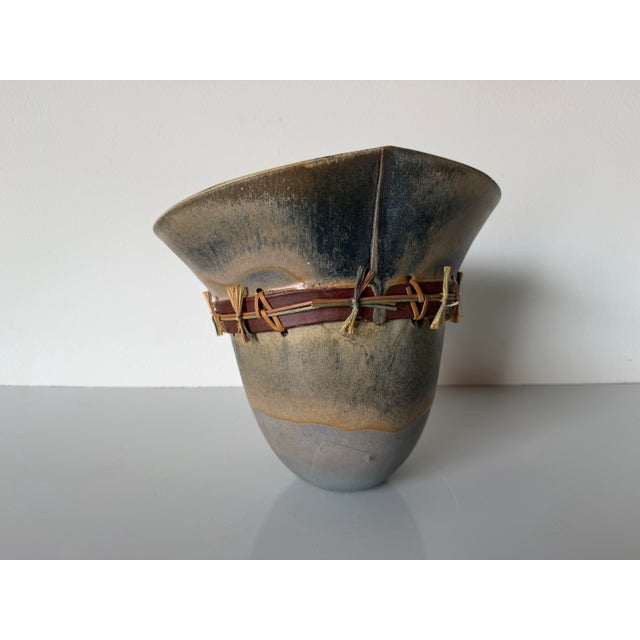 1980s Vintage Organic Studio Art Ceramic Vase With Natural Fiber Detail For Sale In Miami - Image 6 of 12