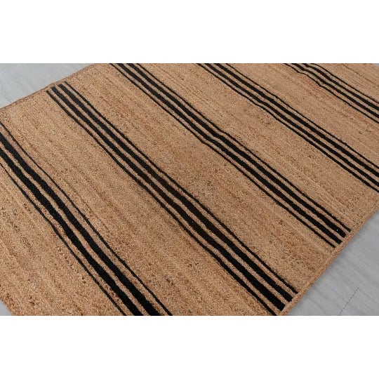 Rectangle Black Stripe Pattern Jute Rug, Boho Jute Rug 8x10 Ft. For Sale - Image 6 of 9