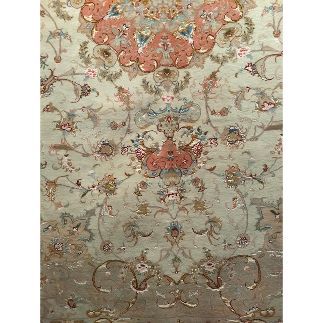 Tabriz Rug, Hand-Knotted Wool & Silk, Fine Floral Pattern, Ivory & Salmon, 7x10 For Sale - Image 11 of 17