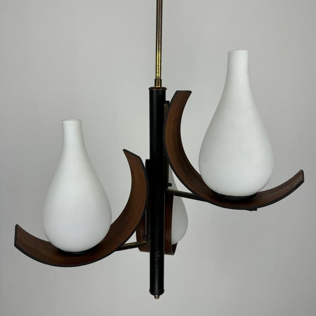 Pendant Light in Teak with Milk Glass and Brass, 1960s For Sale - Image 9 of 10