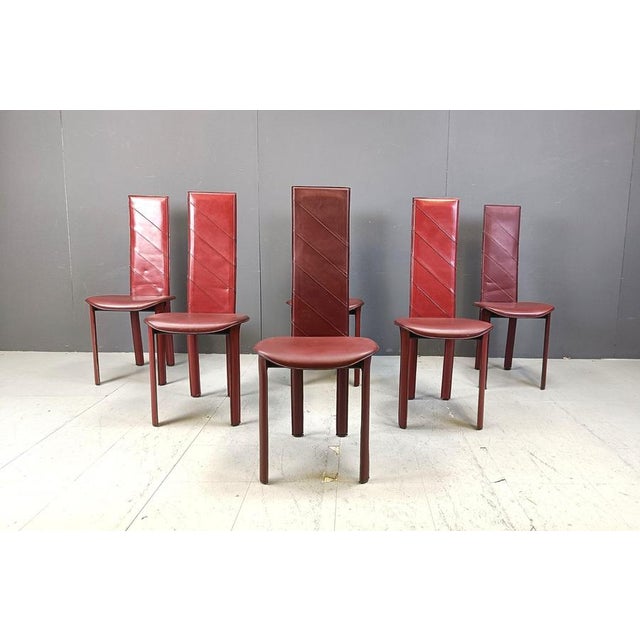 Vintage Italian Red Leather High Back Dining Chairs, 1980s, Set of 6 For Sale - Image 4 of 13