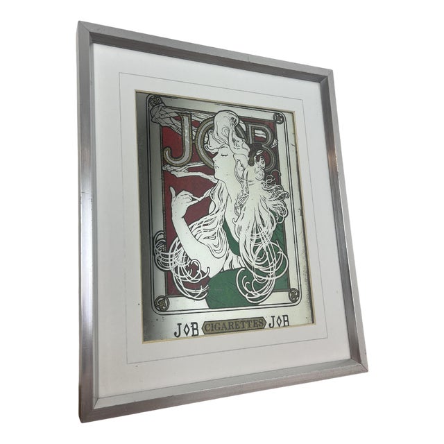 Vintage Art Nouveau Mirror with Job Cigarettes Advertising by Alphonse Mucha, 1970s For Sale