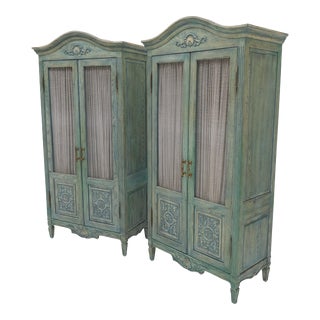 Tall Country French White Wash Armoires Fitted 5 Drawers Storage Shelves - A Pair For Sale
