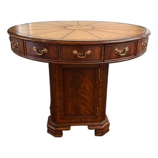 Vintage Maitland-Smith Rotating Rent Table / Drum Table in Mahogany & Burlwood – Alphabetized Drawers – 42” Round For Sale
