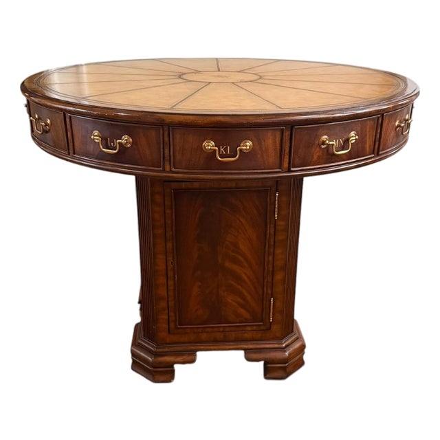 Vintage Maitland-Smith Rotating Rent Table / Drum Table in Mahogany & Burlwood – Alphabetized Drawers – 42” Round For Sale