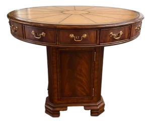 Vintage Maitland-Smith Rotating Rent Table / Drum Table in Mahogany & Burlwood – Alphabetized Drawers – 42” Round