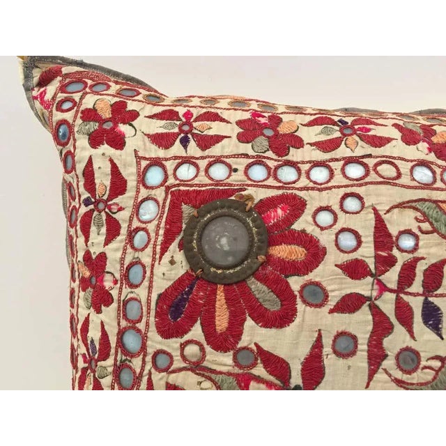 Indian 19th Century Rajasthani Silk Embroidered Mirrorwork Pillow With Birds and Flowers For Sale - Image 3 of 11