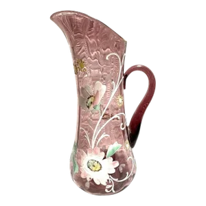 Antique Moser Hand Painted Floral Amethyst Glass Tall Pitcher