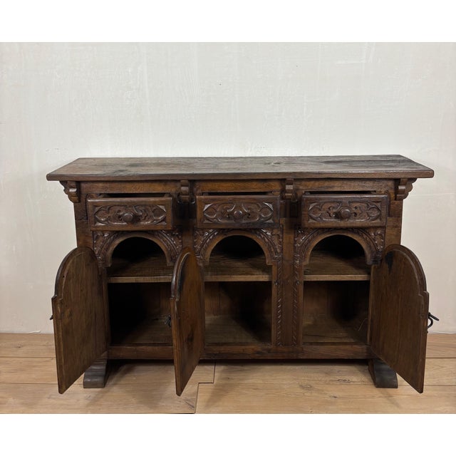 Spanish Carved Oak Sideboard Cabinet with Three Doors and Drawers, 1860s For Sale - Image 13 of 13