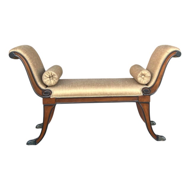 Restored Vintage Mahogany X-Design Bench With Brass Claw Feet and Gold Upholstery For Sale