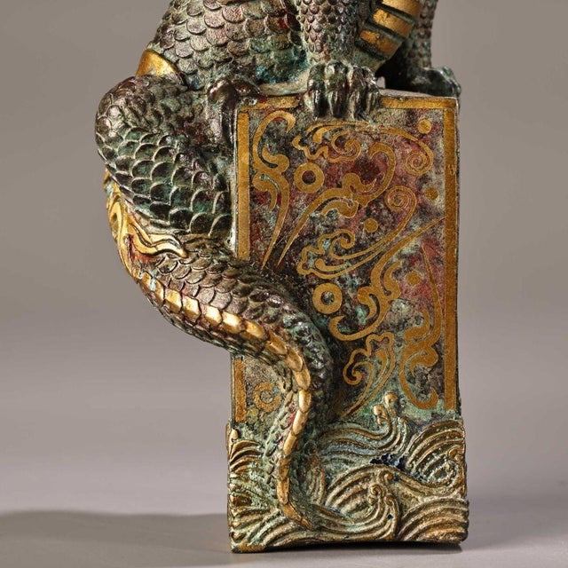 Bronze Pair of Water-Drawing Mythical Beasts (Xishui Shou) With Gold Inlay - Green Patina Bronze Figurines on Bases For Sale In Los Angeles - Image 6 of 9
