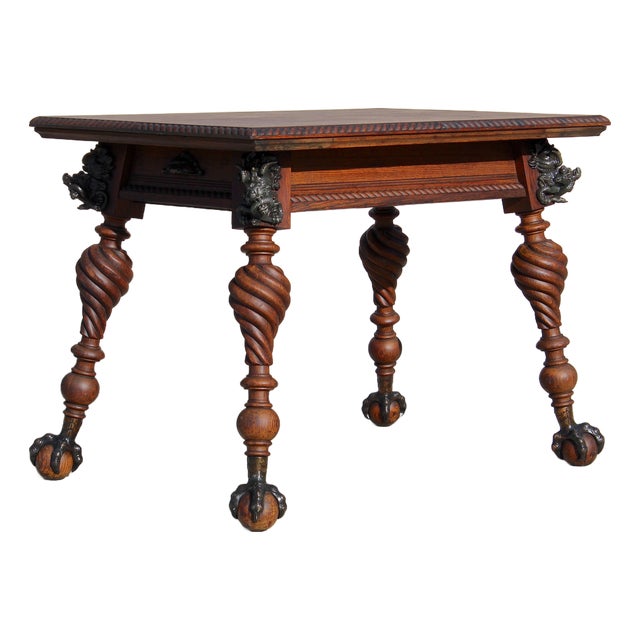 Antique Renaissance Revival Carved Oak Writing Table / Desk With Bronze Dragons & Clawed Feet For Sale