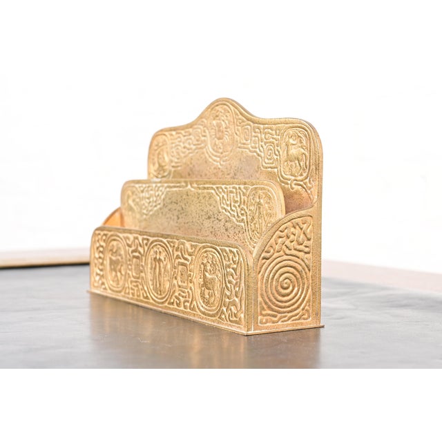 A gorgeous antique Arts & Crafts or Art Deco period gilt bronze "Zodiac" pattern desk letter holder rack By Tiffany...