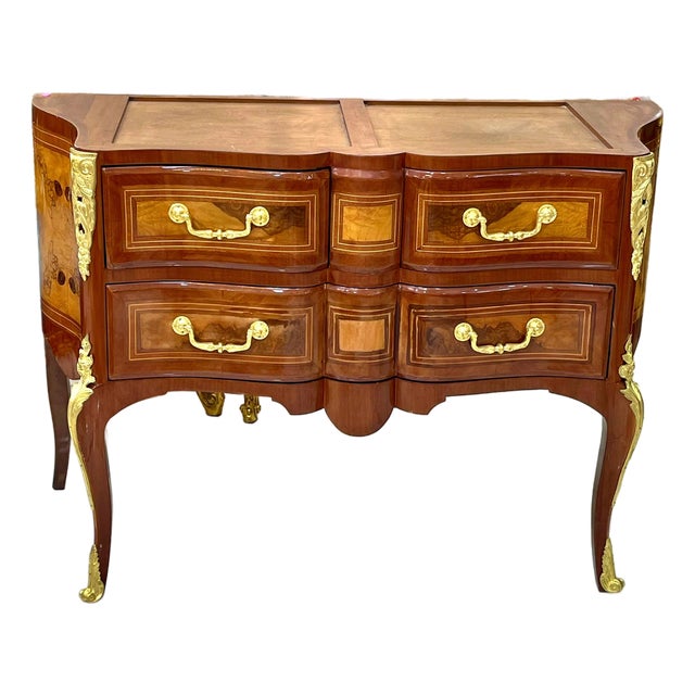 French-Style Wood Commode – Rich Wood Finish, Gold Leaf Details & Two Large Drawers For Sale