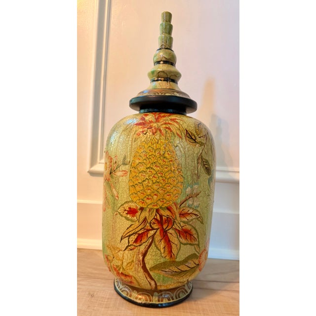 Ceramic Large Hand-Painted Crackle Finish Lidded Decorative Ginger Jar With Pineapple Motif For Sale - Image 7 of 13