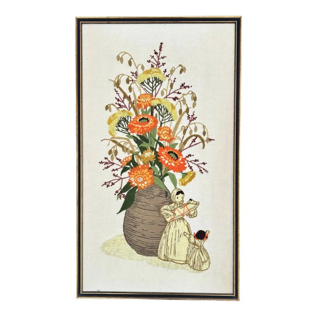 Mid 20th Century Framed Floral Crewel Art For Sale