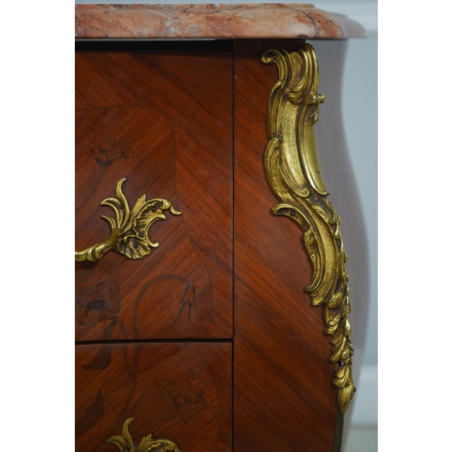 Wood Vintage Louis XV Style Marquetry Bombe Marble Top Commode For Sale - Image 7 of 18