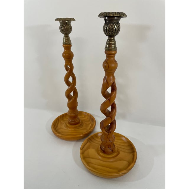 A handsome pair of tall 15" English Open Barley Twist Candlesticks with cast brass thistle top candle cups. Circa Mid 20th...