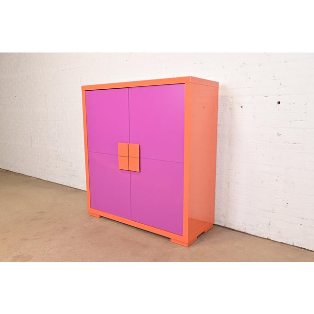 Mid-Century Modern Ettore Sottsass Style Postmodern Magenta and Orange Lacquered Cabinet For Sale - Image 3 of 12