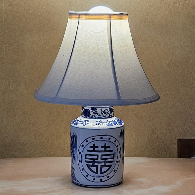 Vintage Blue & White Chinoiserie Porcelain Table Lamp With Double Happiness Symbol For Sale - Image 11 of 18