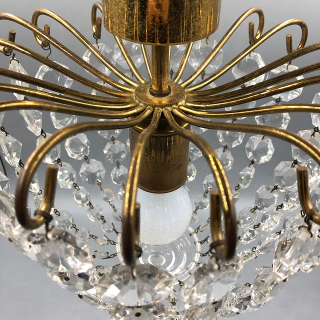 Gold Hollywood Regency Art Deco Basket Chandelier in Brass & Crystal Ceiling Lamp For Sale - Image 8 of 18