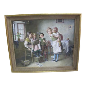 Edmund Adler Signed Framed Original Oil Painting Children Little Storyteller