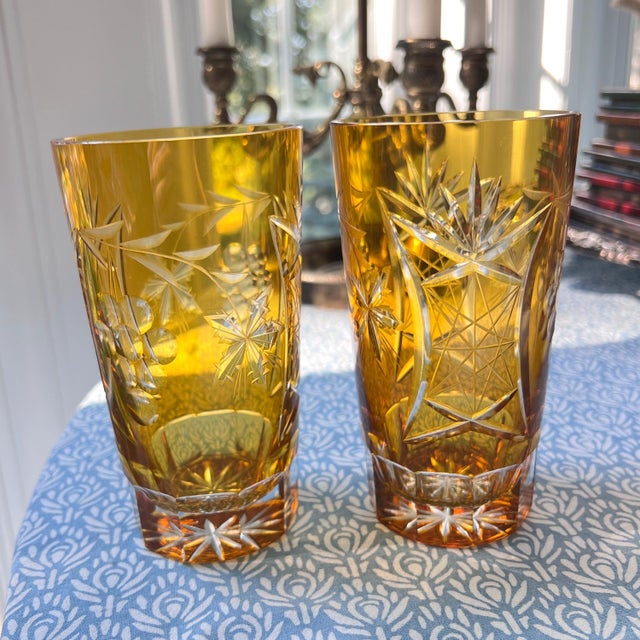 Val Saint-Lambert 1960s Set of 6 multicolor cut to clear highball glasses attributed to Val St Lambert // cut crystal // midcentury glassware // elegant barware For Sale - Image 4 of 10