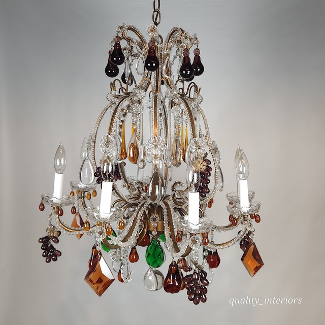 Offered for your consideration is an original Antique Murano Colorful Venetian Beaded Fruit Grape Pear Apple Chandelier...