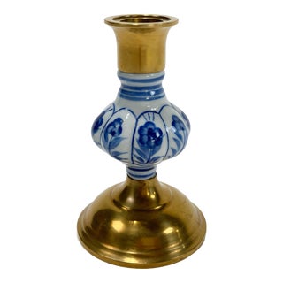 Vintage Delft Brass and Porcelain Candlestick Holder For Sale