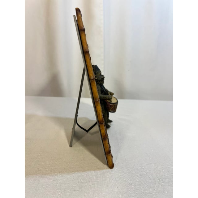 Vintage Palm Beach Regency Bell Hop Monkey Playing Drummer Picture Frame With Faux Bamboo and Wicker Accents For Sale - Image 9 of 10