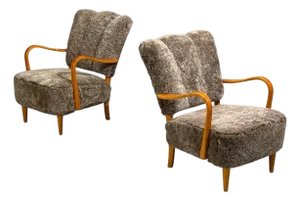 Swedish Modern, Lounge Chairs, Elm, Gray Shearling, Sweden, 1940s