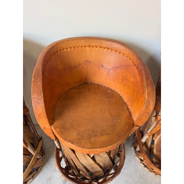 Vintage Mexican Southwest Equipale Leather and Cedar Wood Bar Stools — Set of 3 For Sale - Image 9 of 12