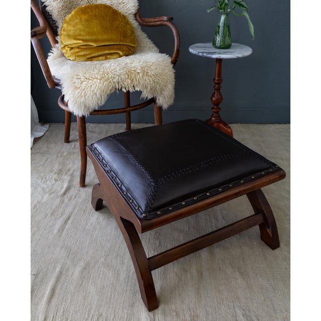 Leather and Rosewood X Frame Ottoman or Footstool With Brass Nailhead Trim For Sale - Image 4 of 13