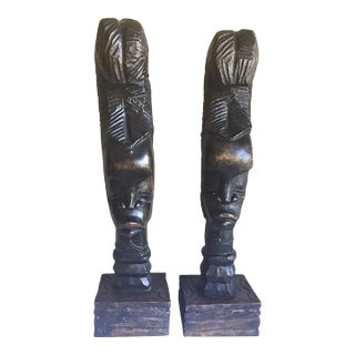 Late 20th Century Vintage Pair of Genuine Authentic African Ebonywood Hand-Carved Tribal Bust Statues For Sale