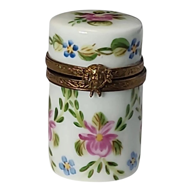 Mid Century Limoges Cylinder Trinket Box With Gift Box Inside For Sale
