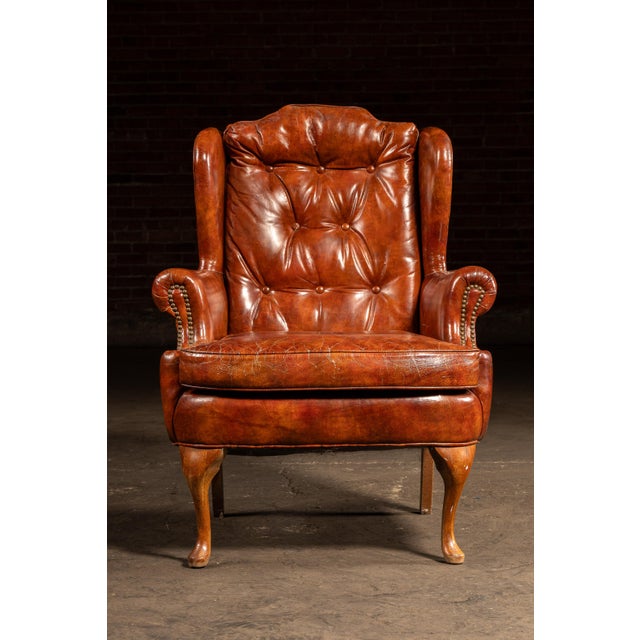 Mid 20th Century Mid 20th Century Tufted Leather Wingback Armchair in Burnt Amber For Sale - Image 5 of 17