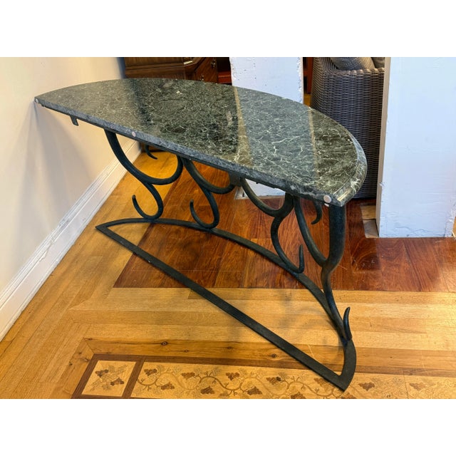 Metal Late 20th Century Serpentine Green Marble + Iron Console Table For Sale - Image 7 of 12