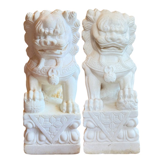 19th Century Large Solid Marble Foo Dogs- Set of 2 For Sale