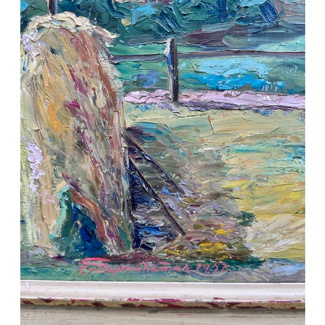 Impressionist oil painting depicting harvest time with hay stacks on a farm with a rushing river with hills in the...