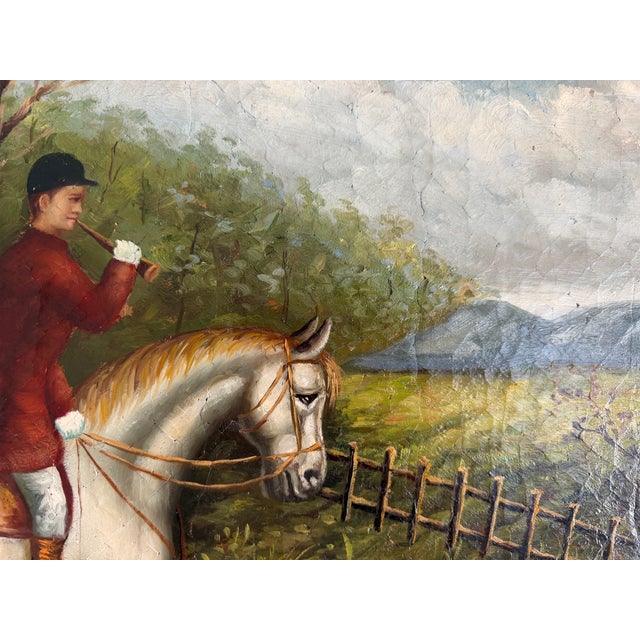 Large Vintage Oil Painting English Fox Hunt Horses Hounds Hunting Scene Art For Sale - Image 14 of 15