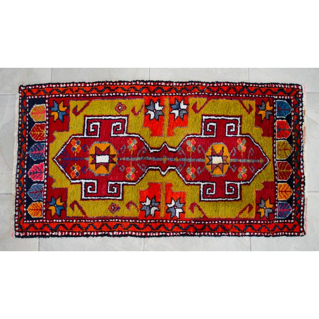 Front of Kitchen Sink Rug, Hand Made Bath Mat Colorful Turkish Rug - 1′12″ × 3′8″ For Sale - Image 14 of 14