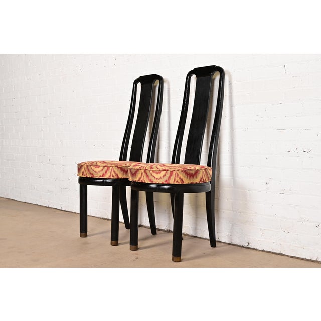 Mid-Century Modern Henredon Hollywood Regency Chinoiserie Ebonized Walnut High Back Side Chairs or Dining Chairs, Pair For Sale - Image 3 of 14