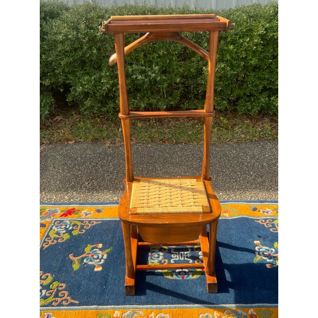Italian, Mid-Century Modern, birch clothing stand, valet chair by SPQR features a woven rattan seat with drawer, tray top...