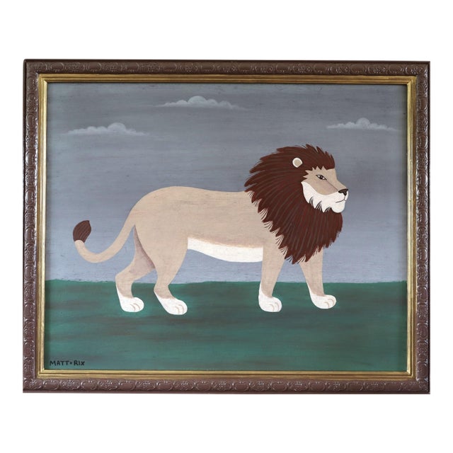 Contemporary 'Majestic Lion' Original Naive Style Animal Oil Painting by British Artist Matt Rix, Framed For Sale