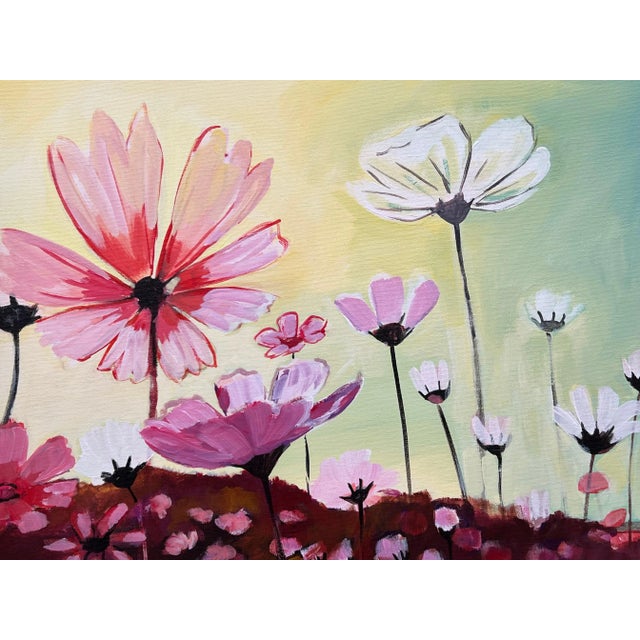 Colourful Design Study of Wild Pink & White Flowers on a Yellow & Turquoise Background, 2023 For Sale - Image 10 of 12